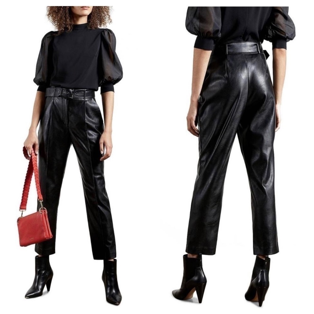 Ted Baker London Faydell Pleather Faux Vegan Leather Belted Pants Black Sz. 6